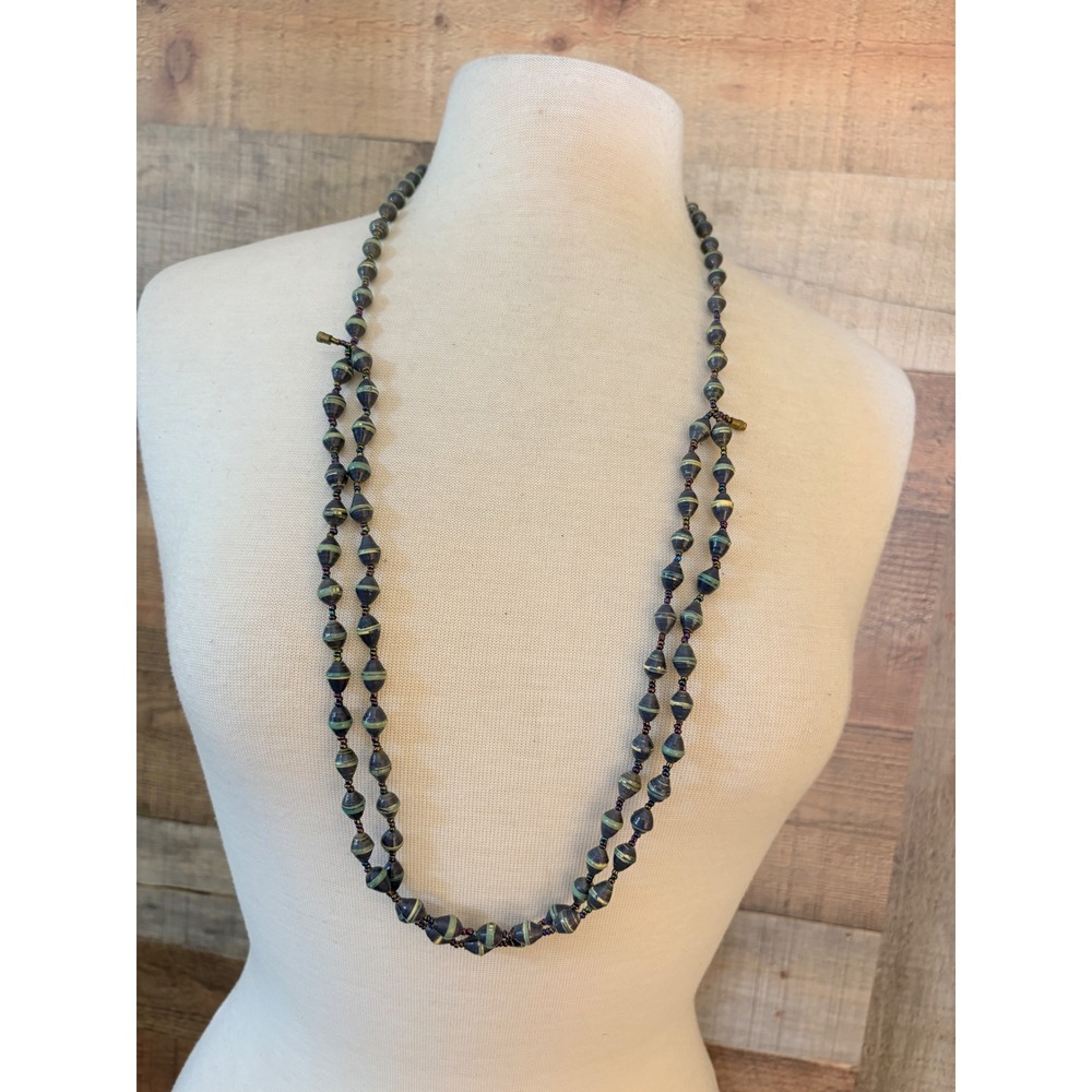 Handmade Recycled Paper Bead Necklace Long Boho Bicone Indigo Green 46"  ..